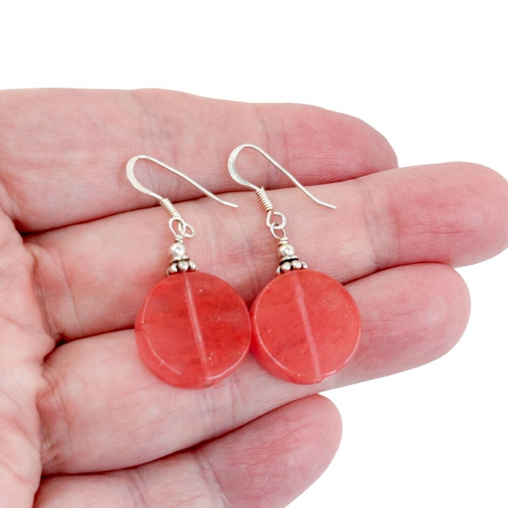 Vintage Sterling Silver 925 Pink Glass Disk Bead Dangle Earrings